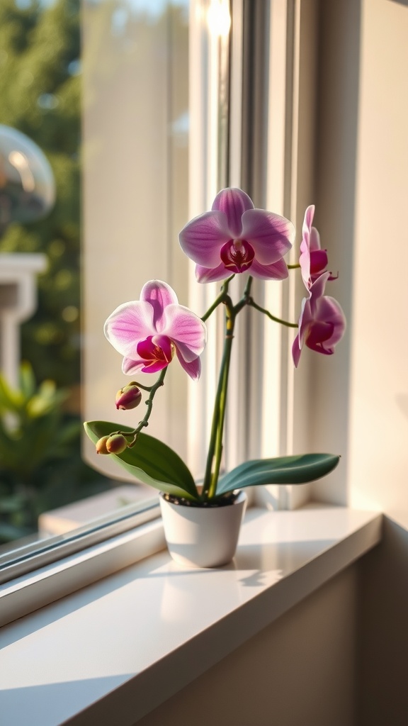 A pink orchid in a pot placed on a windowsill, bathed in morning sunlight.