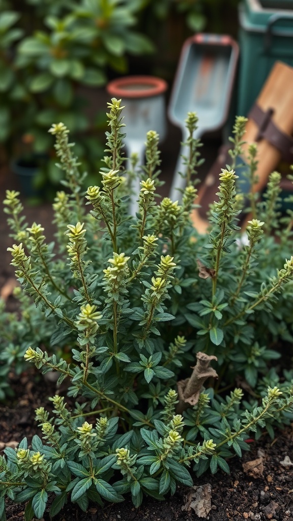 Lush oregano plants growing in a garden, showcasing vibrant leaves and flower buds.