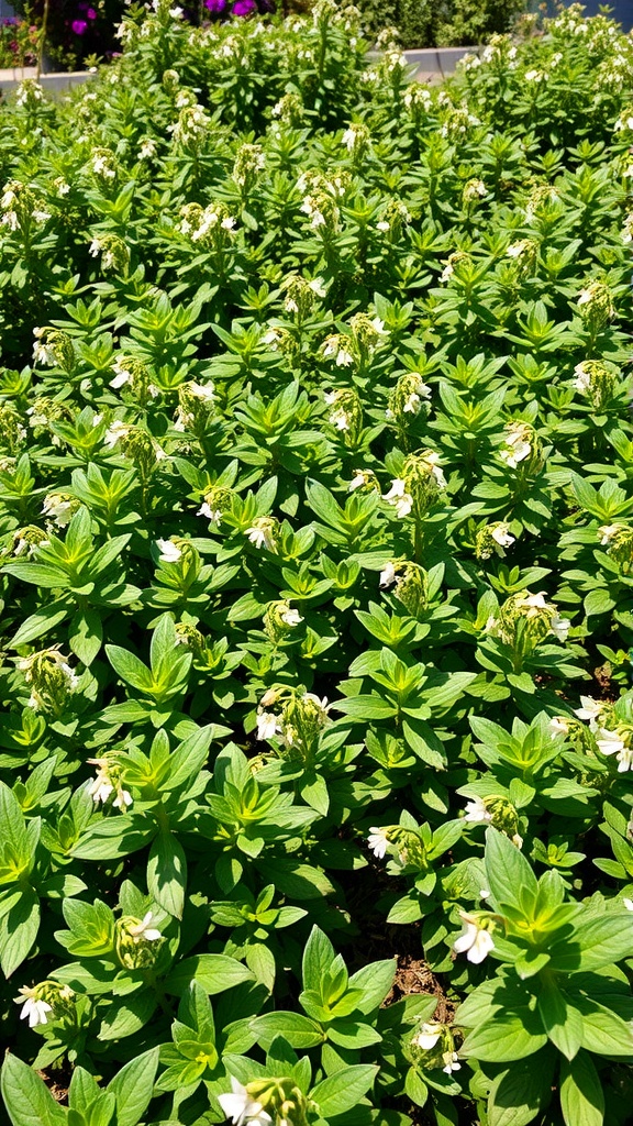 A lush green ground cover of oregano with white flowers blooming, showcasing its vibrant growth.