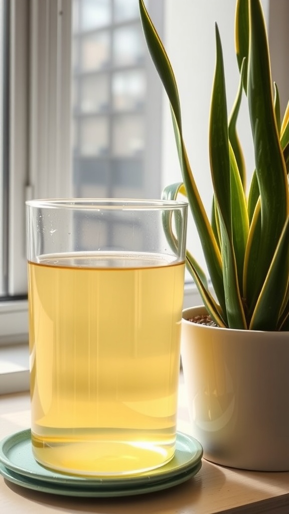 A bottle of fish emulsion fertilizer among snake plants