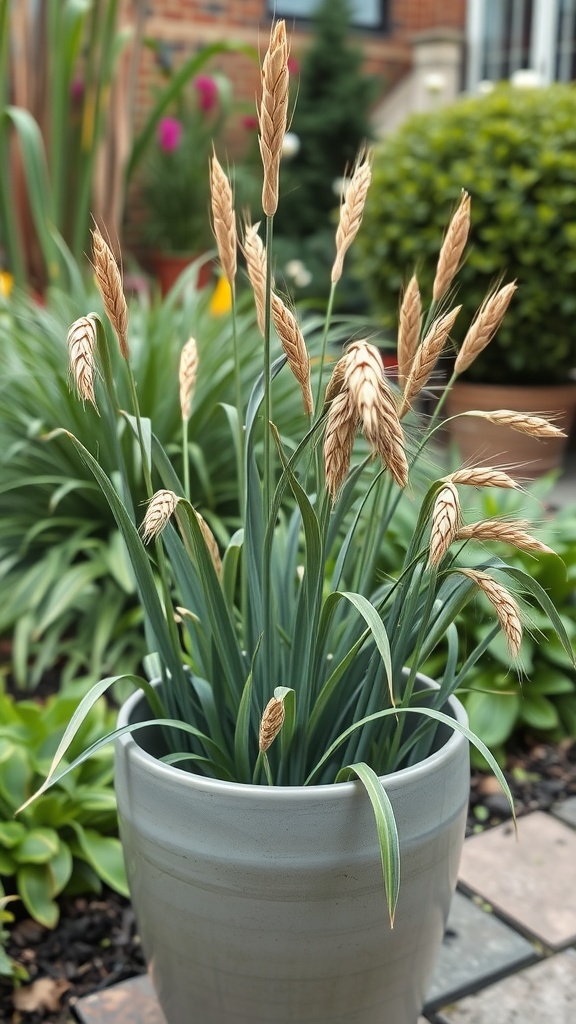 A pot of ornamental oats with feathery flower heads, surrounded by lush green plants in a garden setting.