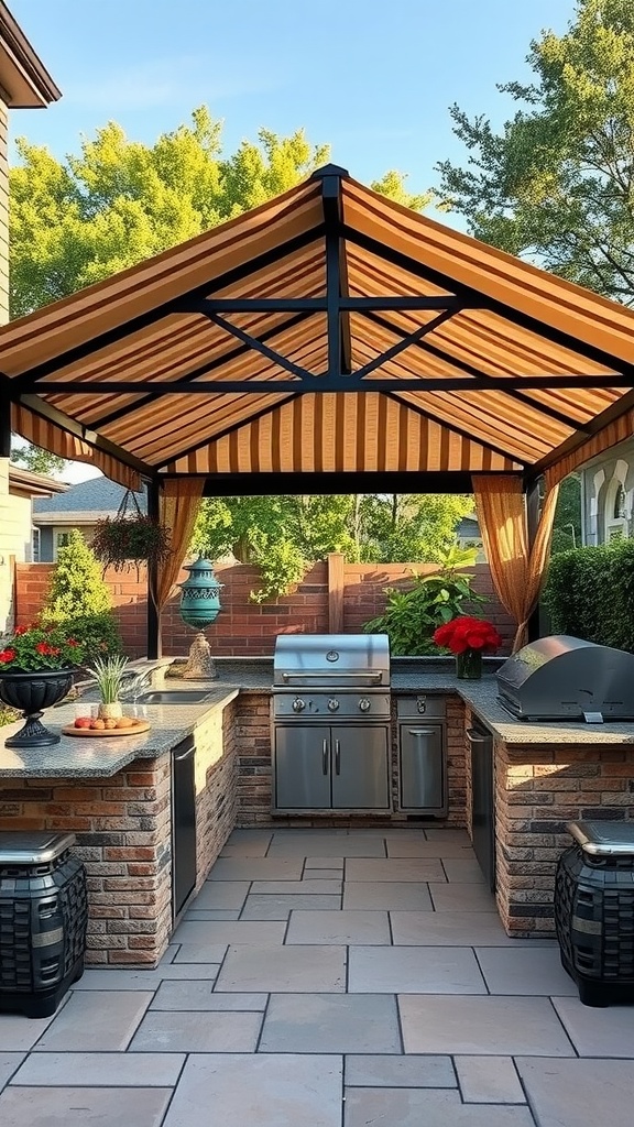 Outdoor kitchen with a striped canopy, modern appliances, and vibrant flowers in a backyard setting