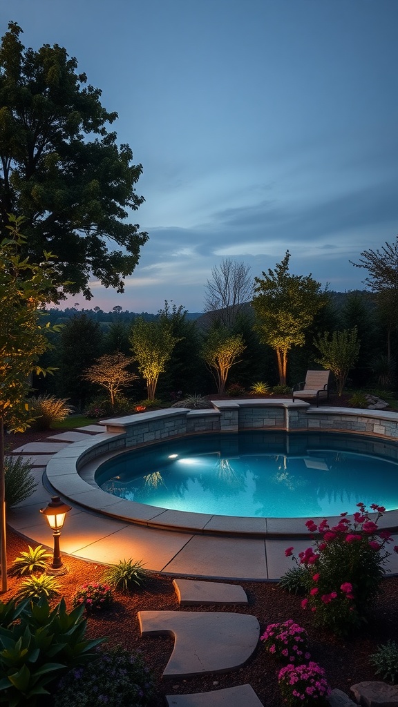 Beautifully landscaped outdoor pool area with lighting fixtures