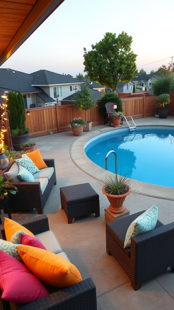 Cozy outdoor lounge area by a swimming pool, featuring colorful cushions and potted plants.