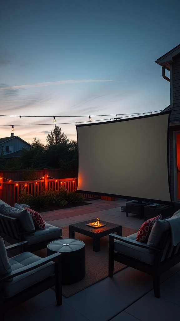 Outdoor movie setup with a projector screen, comfortable seating, and string lights in a cozy backyard