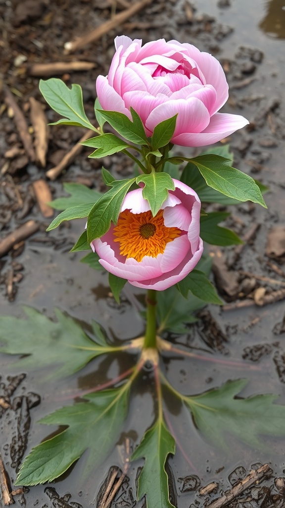 A pink peony standing in water, illustrating the effects of overwatering and poor drainage.