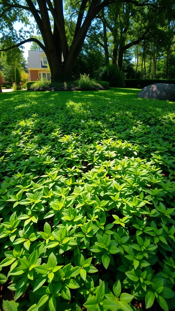 Lush green Pachysandra ground cover beneath a large tree.