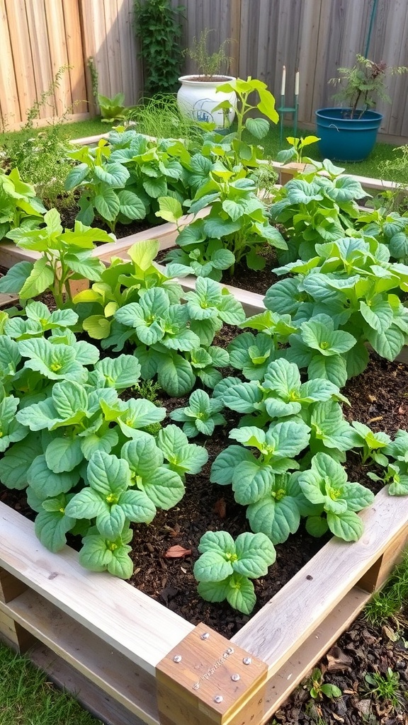 A raised garden bed made from pallets filled with various fresh vegetables