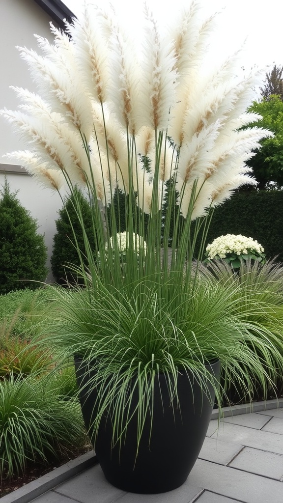 Pampas grass in a large pot with a sunset background