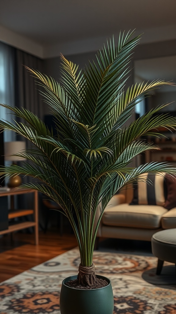 A Parlor Palm displayed in a modern living room, showcasing its tall and graceful appearance.