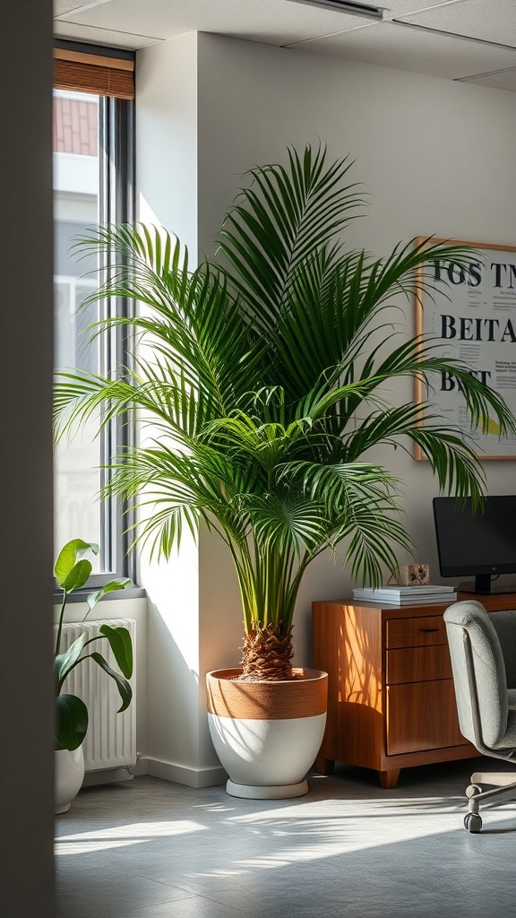 A bright office space featuring a Parlor Palm in a decorative pot, showcasing its vibrant greenery next to a wooden desk.