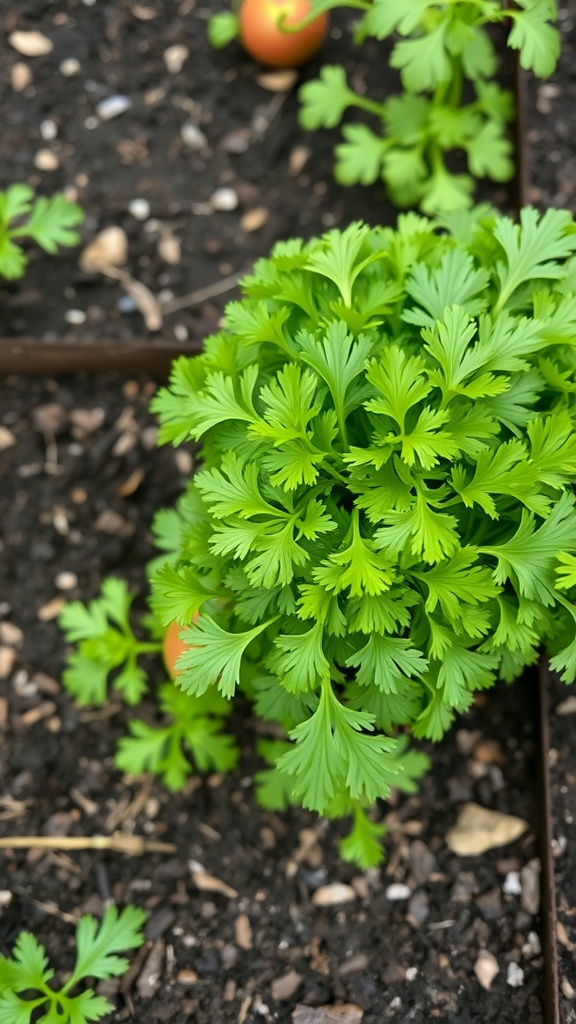 A lush green cluster of parsley leaves growing in soil with a few small tomatoes in the background.