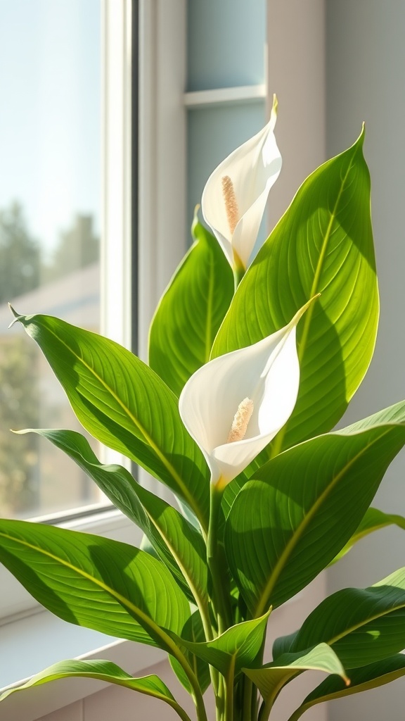 A Peace Lily plant with large green leaves and white flowers near a window, showcasing a bright and sunny atmosphere.