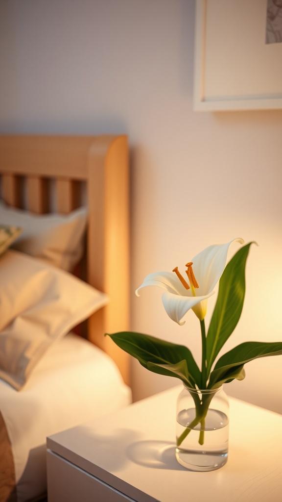 A Peace Lily in a clear vase on a bedside table, next to a neatly made bed.