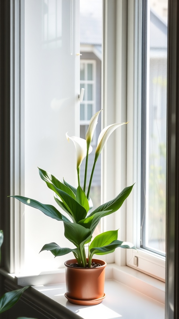 A Peace Lily plant with elegant white blooms placed on a windowsill