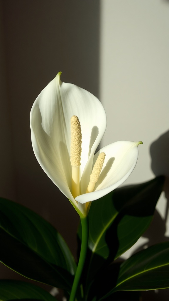 Close-up of a Peace Lily with white blooms and green leaves illuminated by soft light