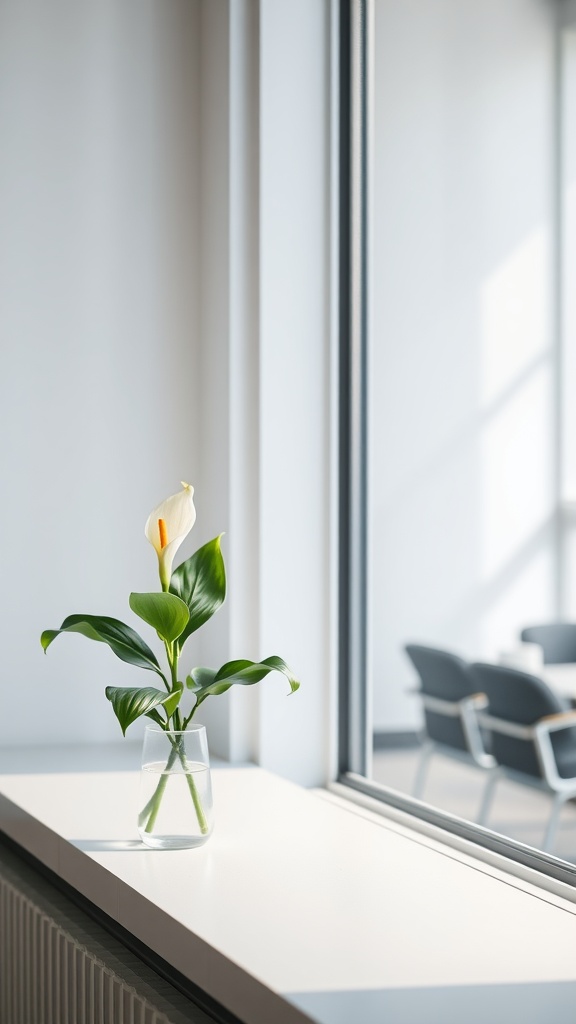 A Peace Lily in a glass vase on a windowsill with sunlight filtering in, showcasing its white bloom and green leaves.