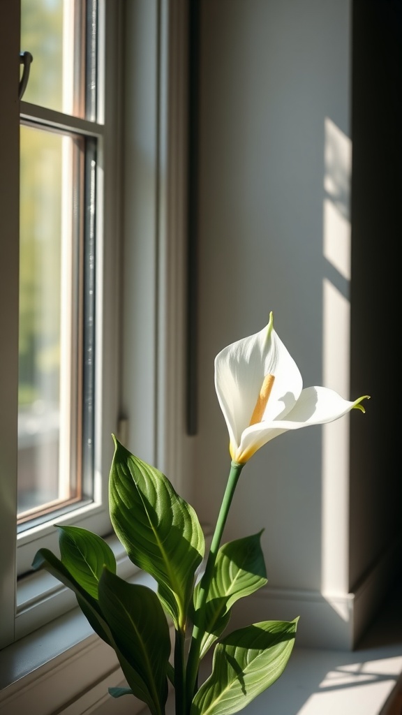 A Peace Lily with white blooms placed near an east-facing window, showcasing its lush green leaves.