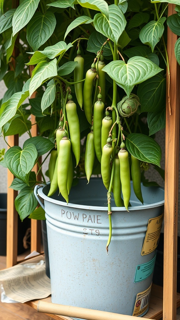 Healthy pea plants with pods in a blue 5 gallon bucket