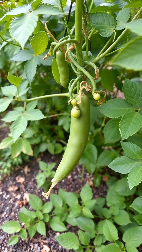 Close-up of pea pods growing on a plant with lush green leaves