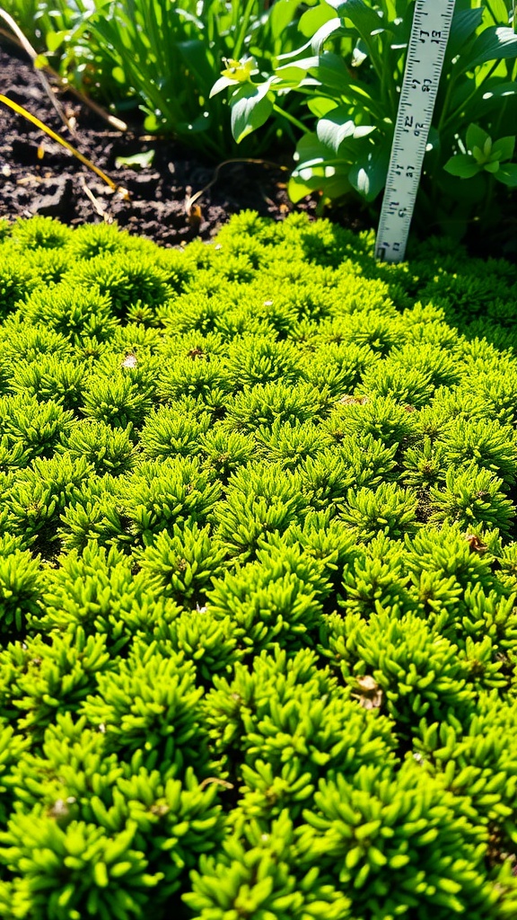 Close-up of vibrant green peat moss with measuring tape beside it, illustrating its lush growth.