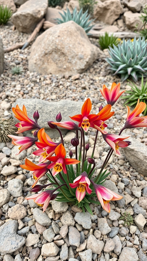 A cluster of vibrant Penstemon flowers in shades of orange and pink among rocks.