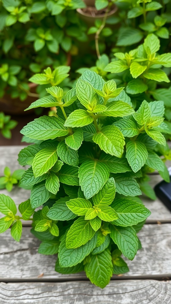 A close-up of lush green peppermint leaves growing in a garden setting.