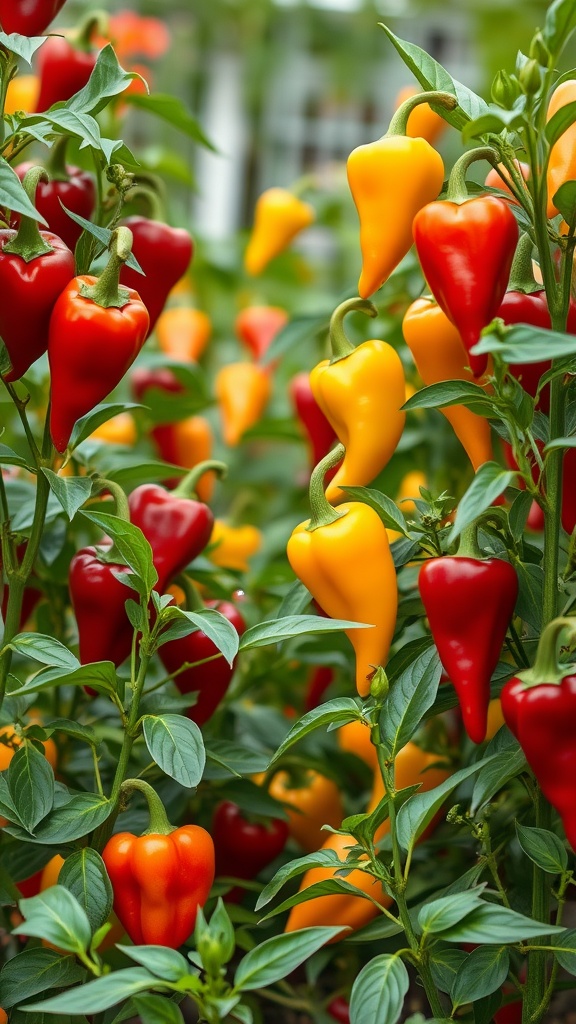 Colorful assortment of red, yellow, and green peppers growing in a garden