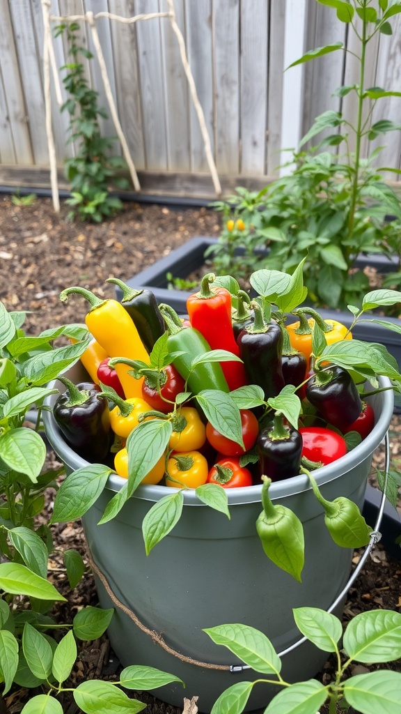 A bucket filled with colorful peppers, including red, yellow, and green varieties, surrounded by green pepper plants in a garden setting.