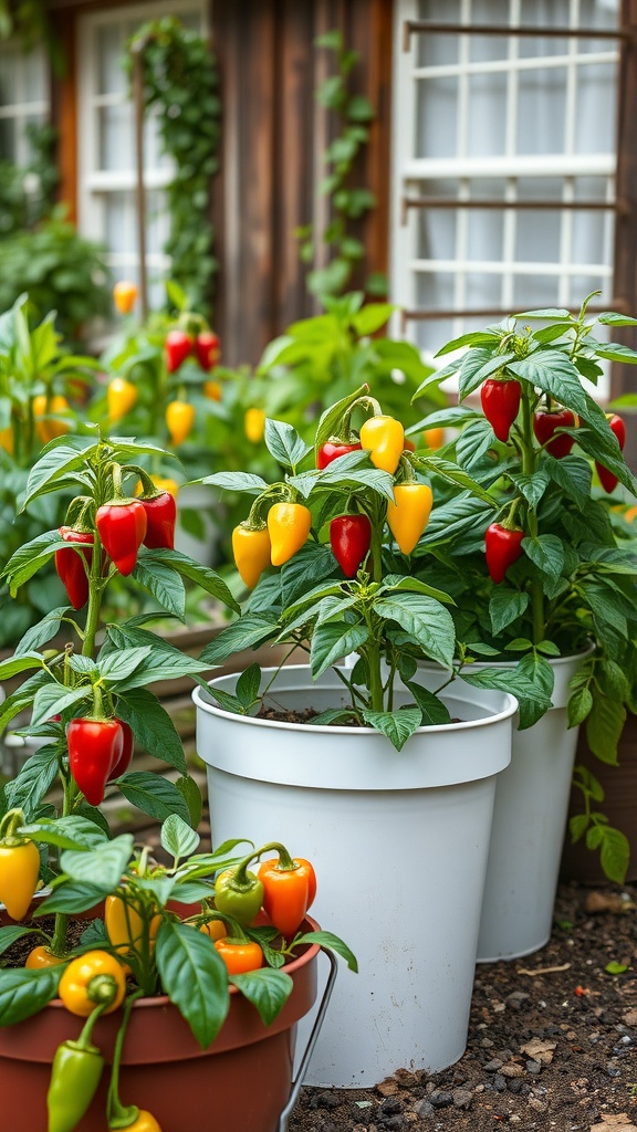 Vibrant peppers in red, yellow, and green growing in white and brown buckets