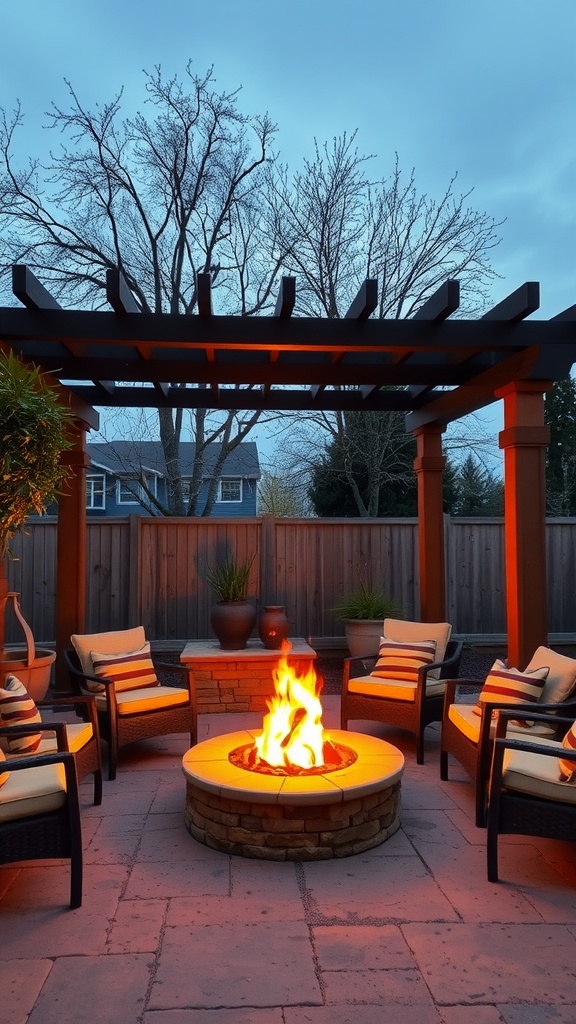 A cozy patio with a pergola and a fire pit surrounded by chairs.