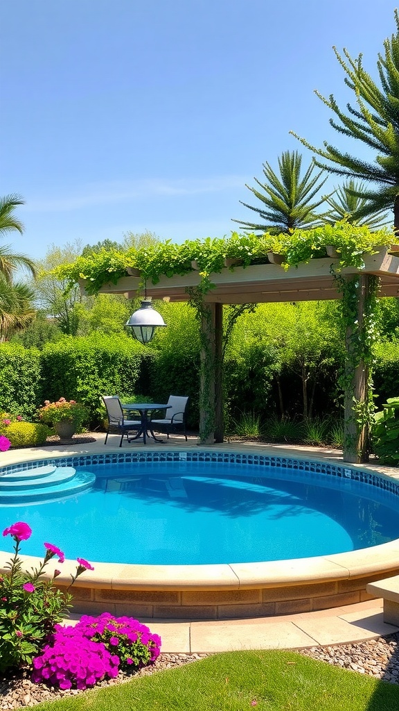 A serene pool area featuring a pergola covered in greenery, surrounded by colorful flowers and trees.