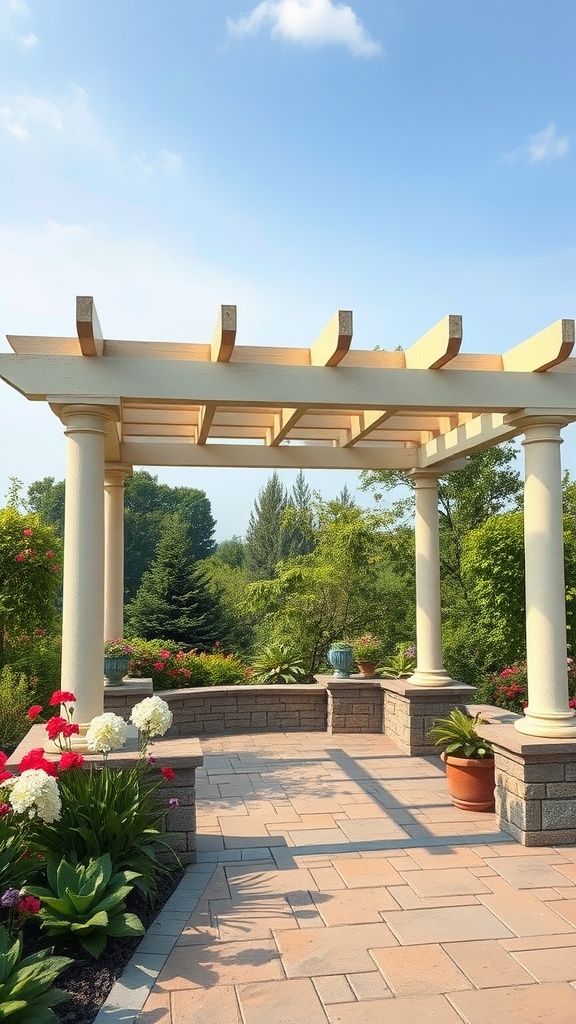 A beautiful pergola over a stone patio surrounded by flowers and greenery.