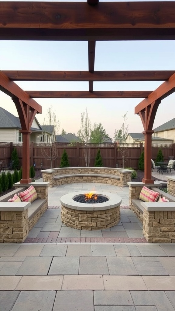 A cozy pergola with curved stone benches and a fire pit in the center.