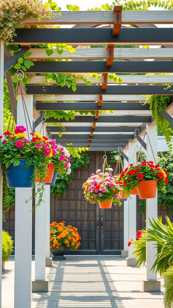 A beautiful patio pergola adorned with colorful hanging planters filled with flowers.