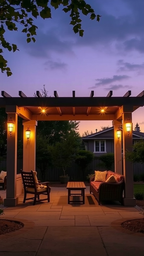 A beautifully lit patio pergola with cozy seating, perfect for evening relaxation.