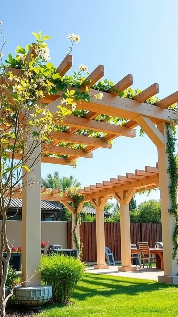 A multi-level wooden pergola with greenery and seating area