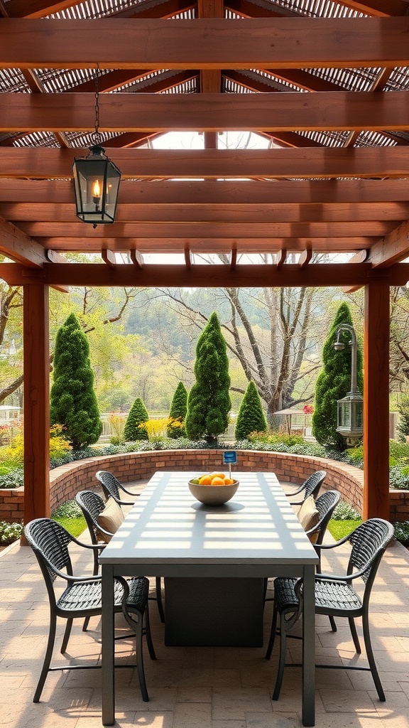 A stylish outdoor dining area under a wooden pergola with a long table and chairs surrounded by greenery.