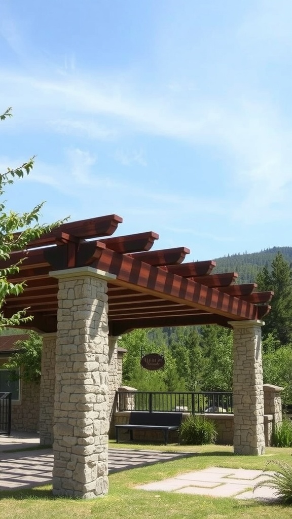 A rustic pergola with stone columns and wooden beams in a green outdoor setting.