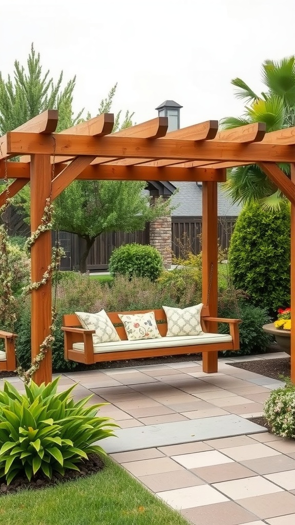 A wooden pergola with swing seating surrounded by greenery.