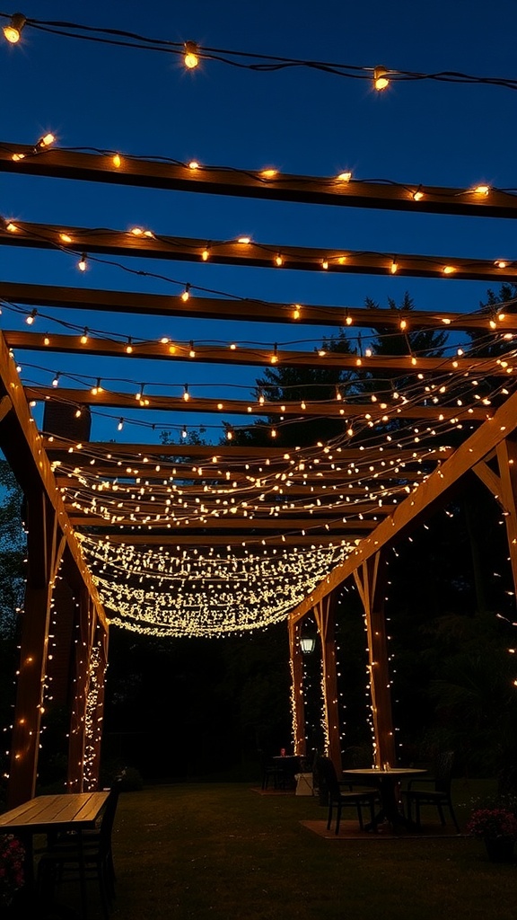 A beautifully lit pergola with string lights against a night sky.