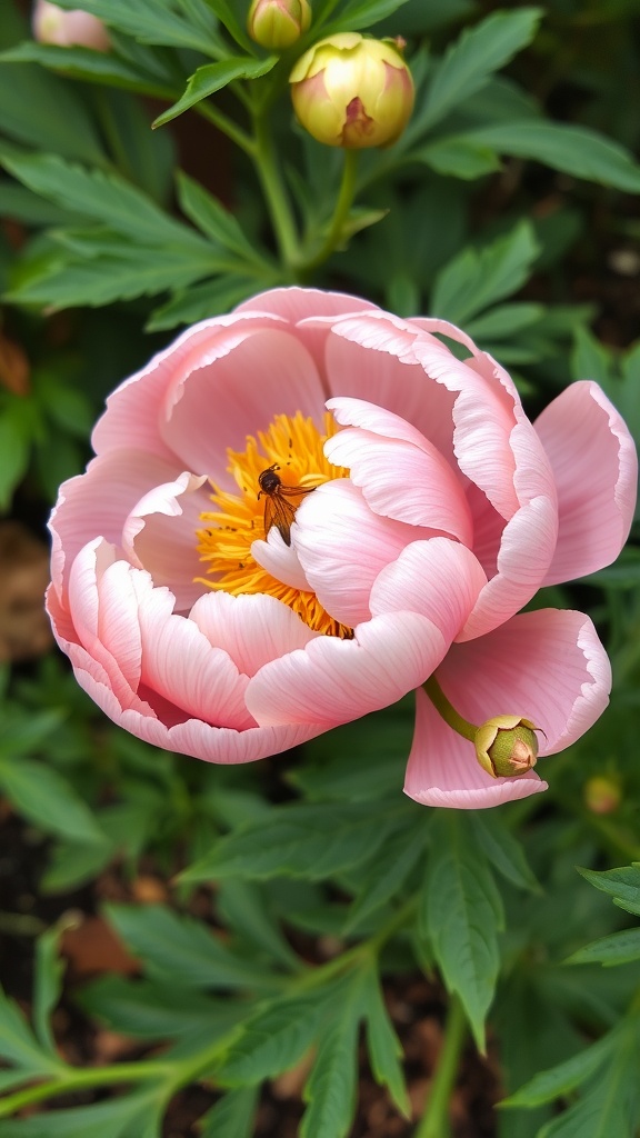 A close-up of a pink peony flower with a tiny insect on it, surrounded by green foliage.