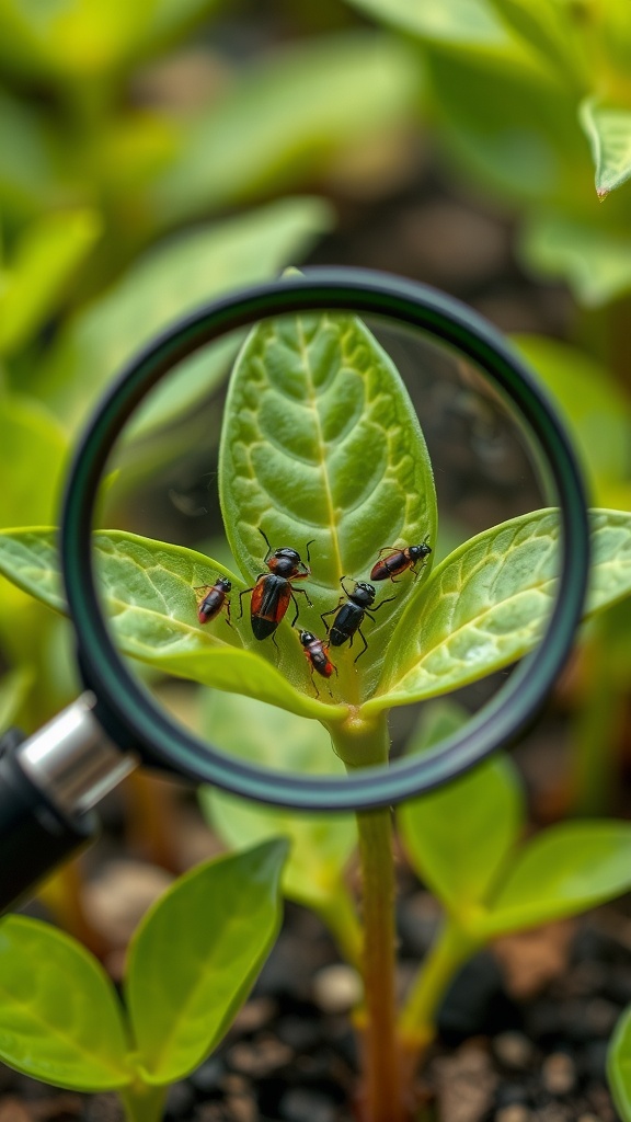 Close-up of insects on a young plant leaf, viewed through a magnifying glass.