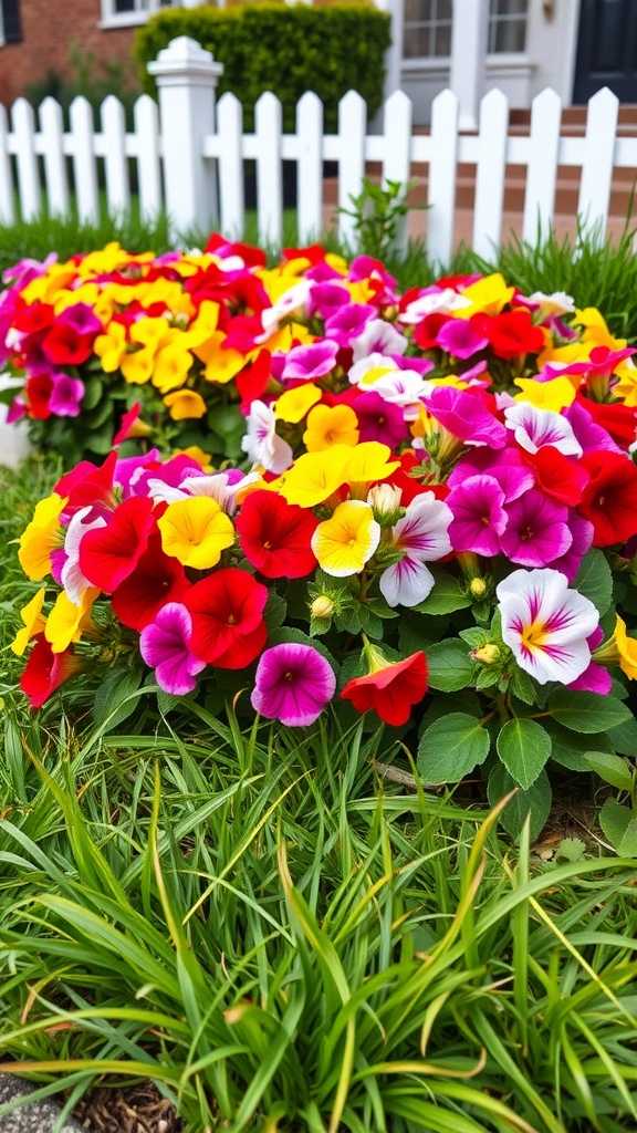 Colorful petunias in a flower bed with a white picket fence