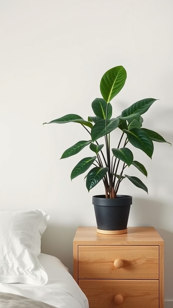 A vibrant Philodendron plant on a wooden nightstand next to a bed.