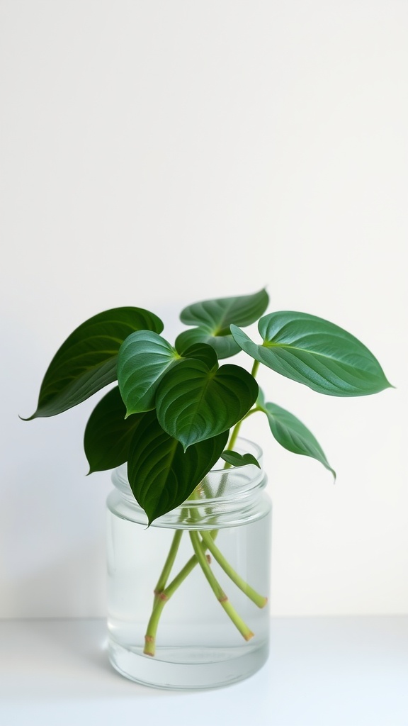 A Philodendron Heartleaf plant in a clear jar of water, showcasing its lush green leaves.