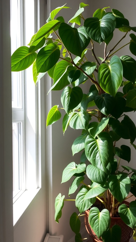 A philodendron plant with large green leaves positioned near a window, illuminated by sunlight.