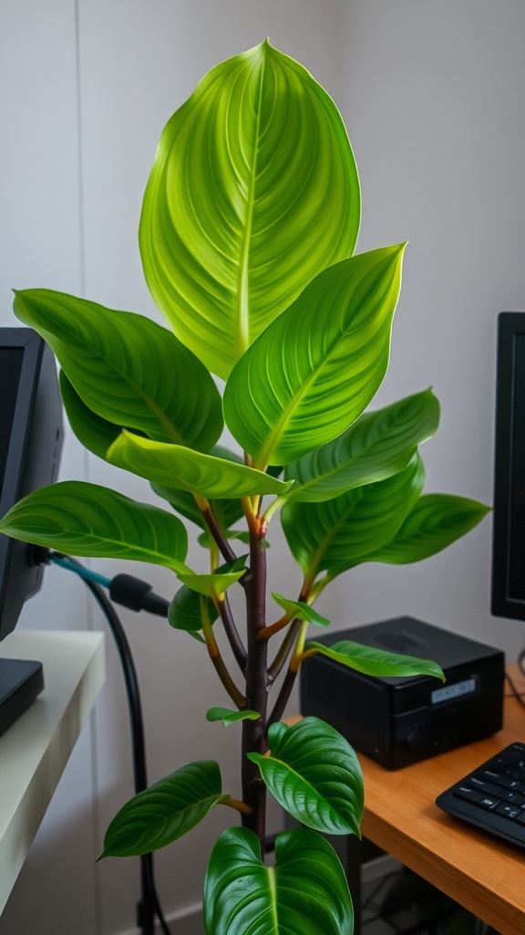 A Philodendron plant with varied leaf shapes in an office setting