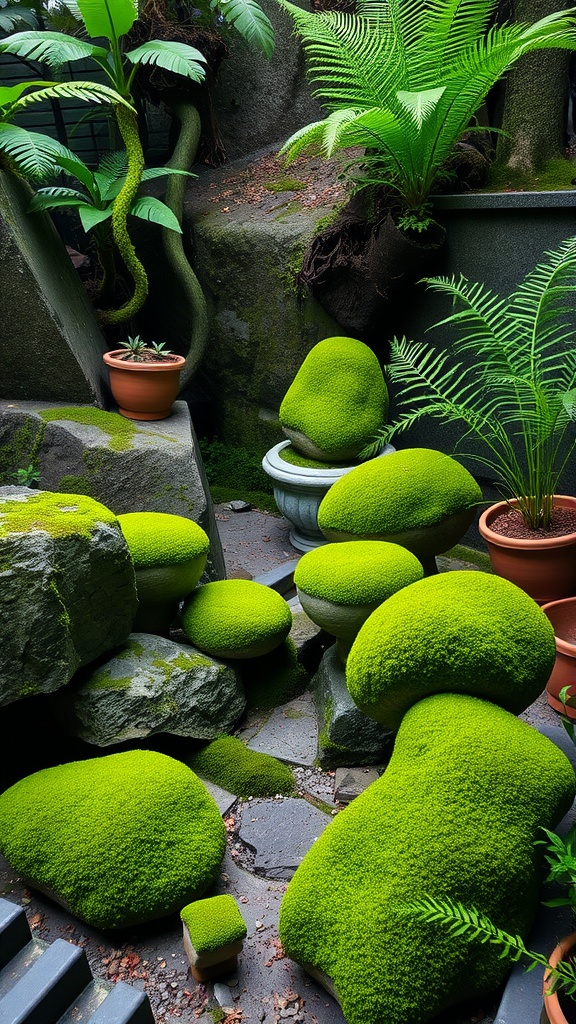 A serene garden scene featuring vibrant green moss growing on rocks and pots, surrounded by ferns.