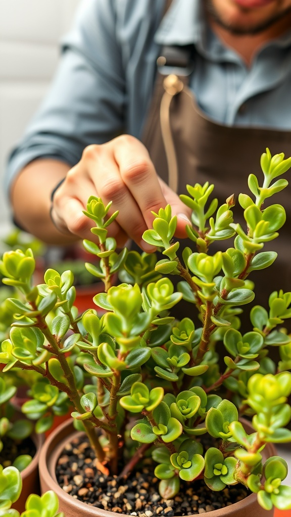 A hand pinching the new growth tips of a jade plant, promoting a bushier growth.